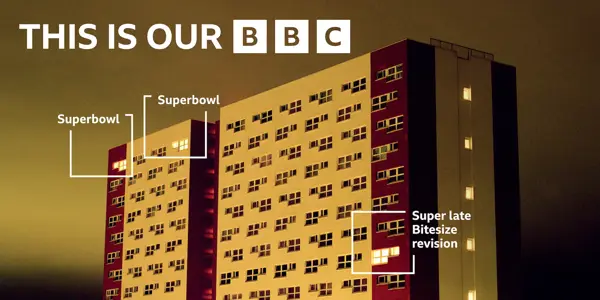 BBC BRAND OOH 48S Rail JC Decaux 048001 Static 6106X3058mm@10� ENGLAND TOWER BLOCK