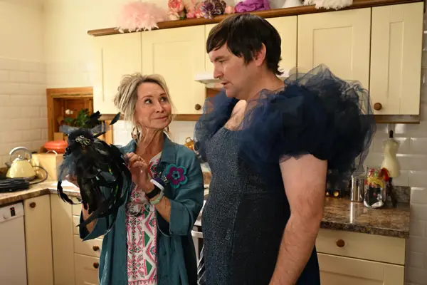 Sky NZ Originals Small Town Scandal, Sue (Felicity Kendal) With Son Toby (Tom Sainsbury)